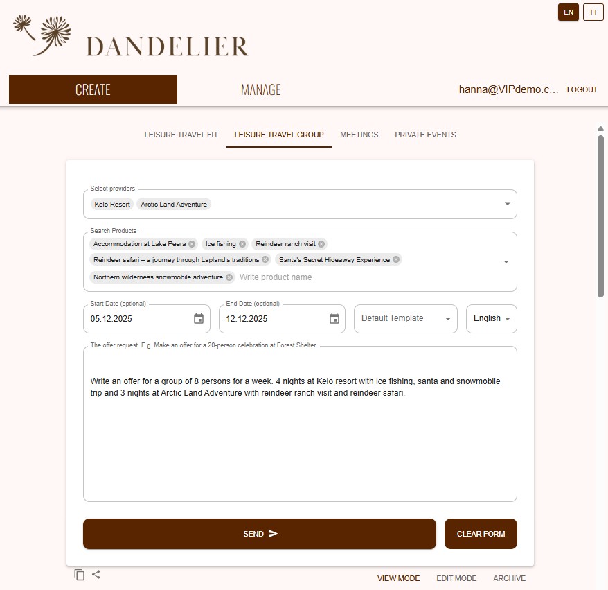 Dandelier AI workspace tarjoustyökalun toiminnallisuudet